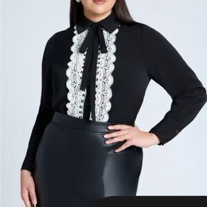 Chic Black Blouse with White Lace Detail